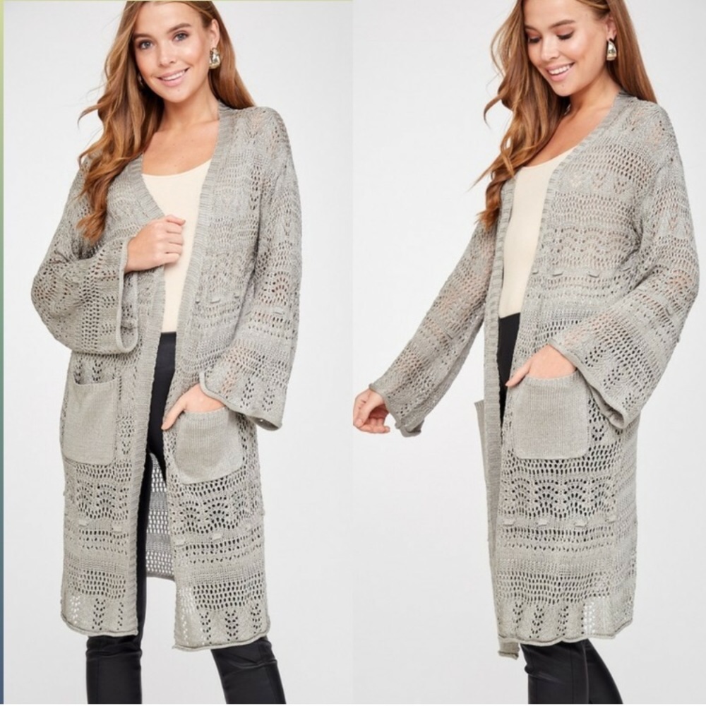 Open‎ Knit Long Cardigan with Pockets